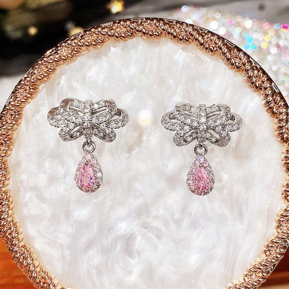 🔥 Diamond CZ Water Drop Crystal Fairy Bow Shape Earring for Women, HA4543 - Picture 1 of 5